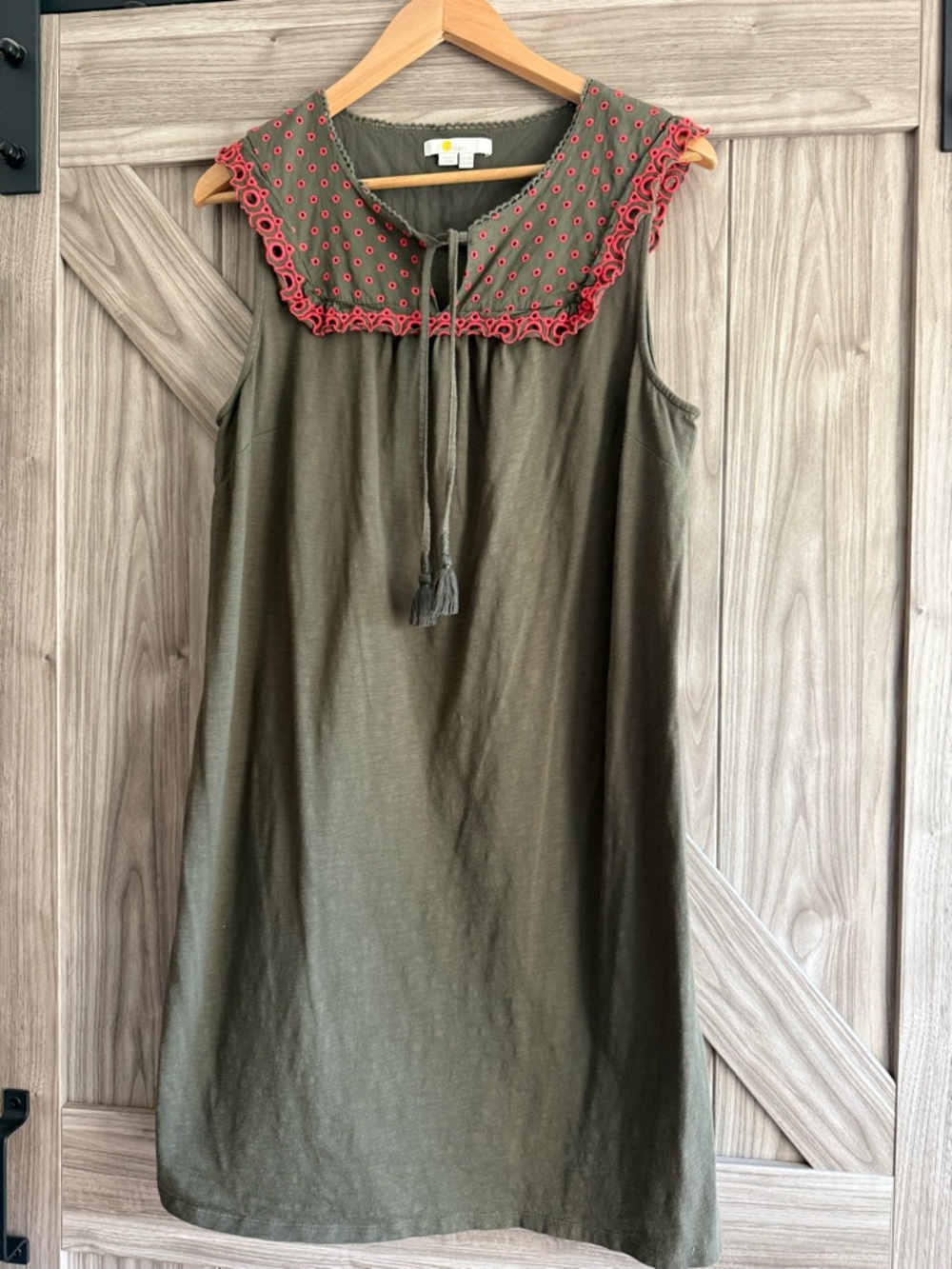 Boden Olive Green Sleeveless Mini Dress with Coral Trim